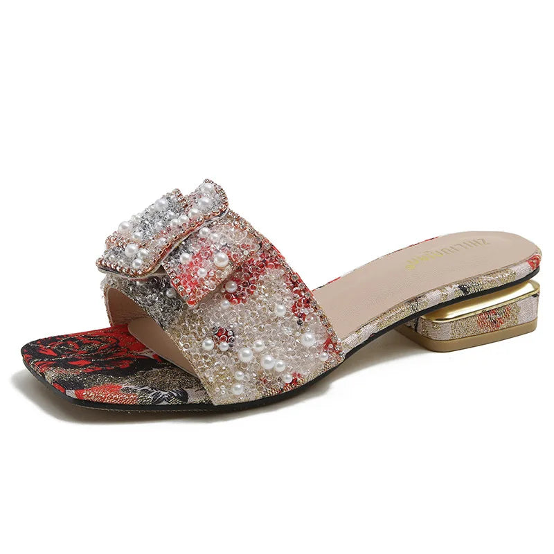 Pearl Slippers Female Summer Wear Out Coarse Heel Color Everything Fashion Rhinestone Sandals Large Size Women's Shoes 41