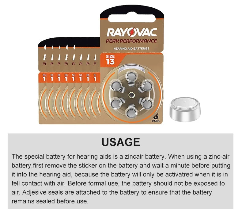 Hearing Aid Batteries 60PCS / 10 Cards RAYOVAC PEAK 1.45V 13A A13 13 P13 PR48 Zinc Air Battery For BTE CIC RIC OE Hearing Aids
