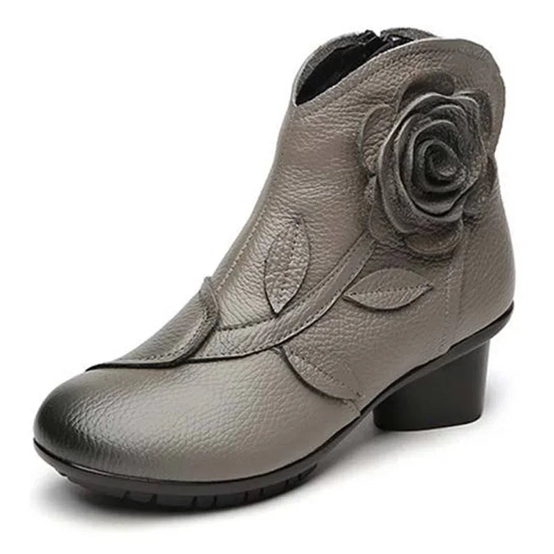 BEYARNE  Handmade Boots Flower Solid Color Womens Low Heel Genuine Leather Soft Short Boots Women Shoes Botas Mujer