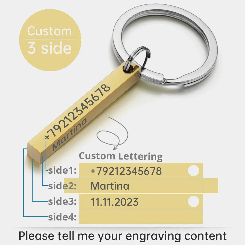 3D Bar Stainless Steel Personalize Keychains Engrave Text Name Date Logo Keyrings Customized Key Chain Rings Christmas Gift P039