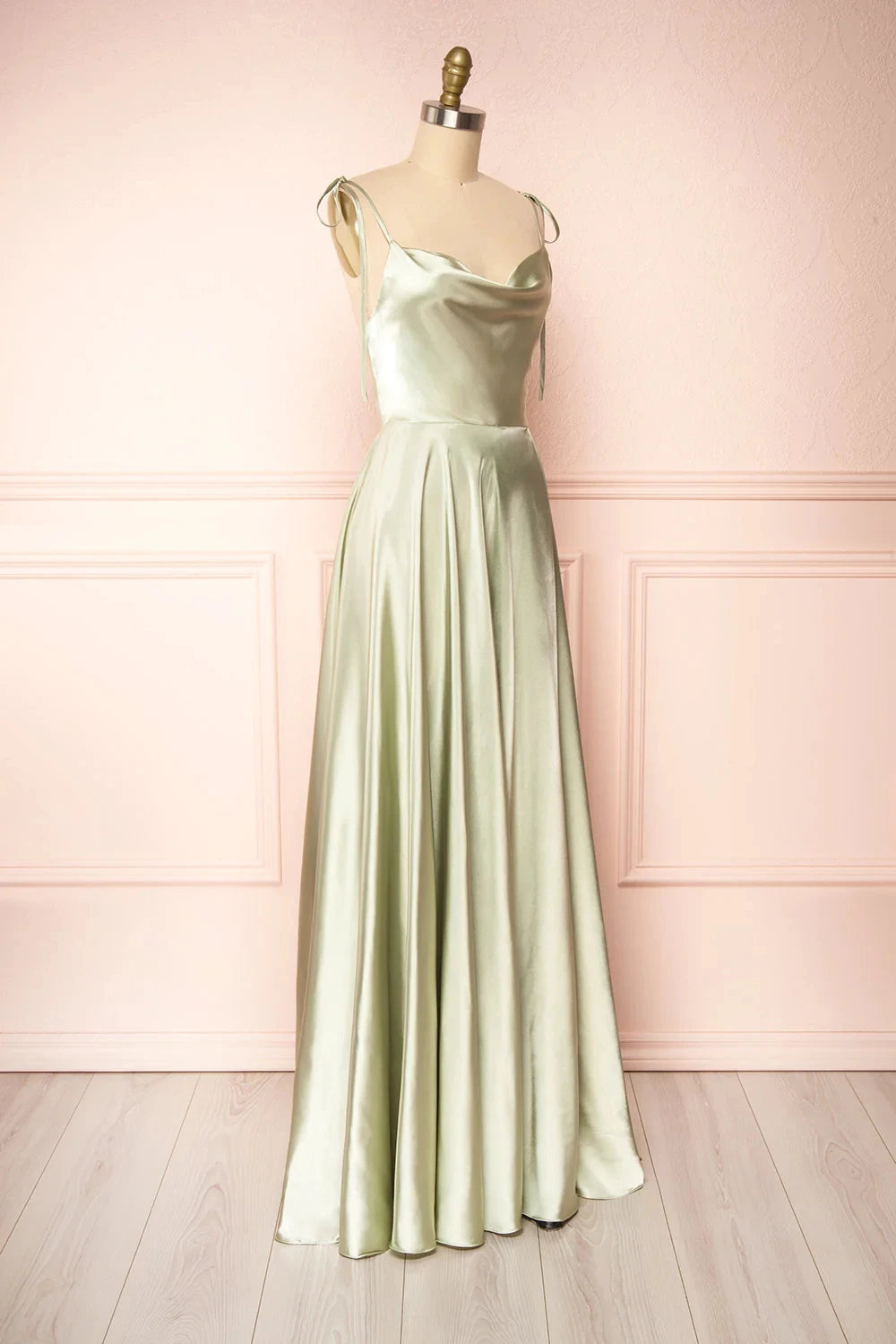 BABYONLINE Simple In Stock Soft Sliky Satin Bridesmaid Dresses Cowl Neck Tieing Thin Straps Leg Slit and Flowing A-line Dress