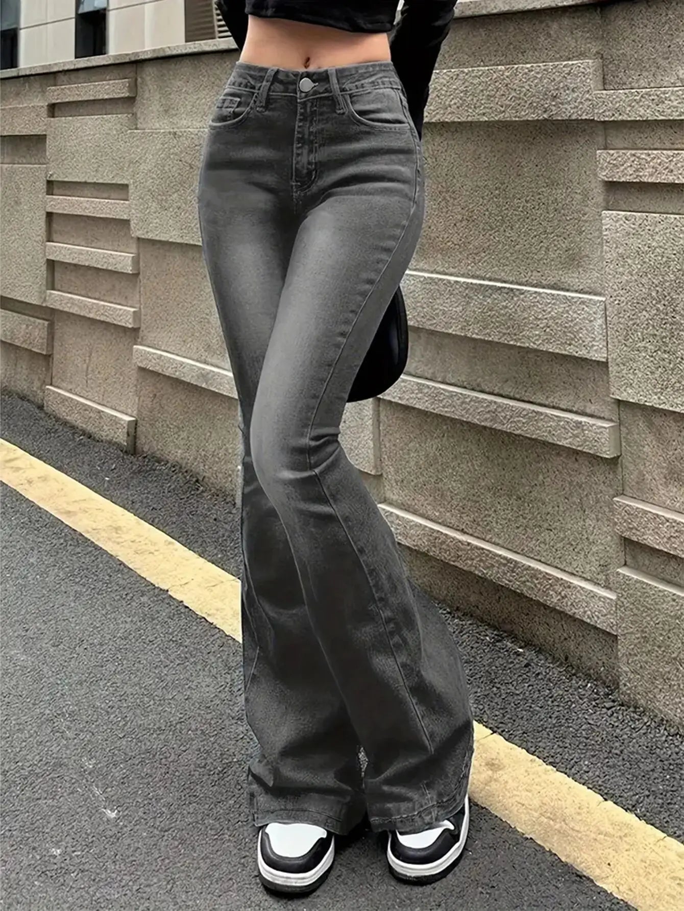 Womens Stretch Jeans Gray Slim Fit Bootcut Flare Trousers Simple Design Versatile Fashion Trendy Jeans Women's Pants