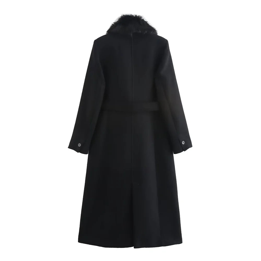 Women's Belt Warm Fur Collar Coat Flip Collar Pocket Button Decoration Autumn/Winter New Women's Wear