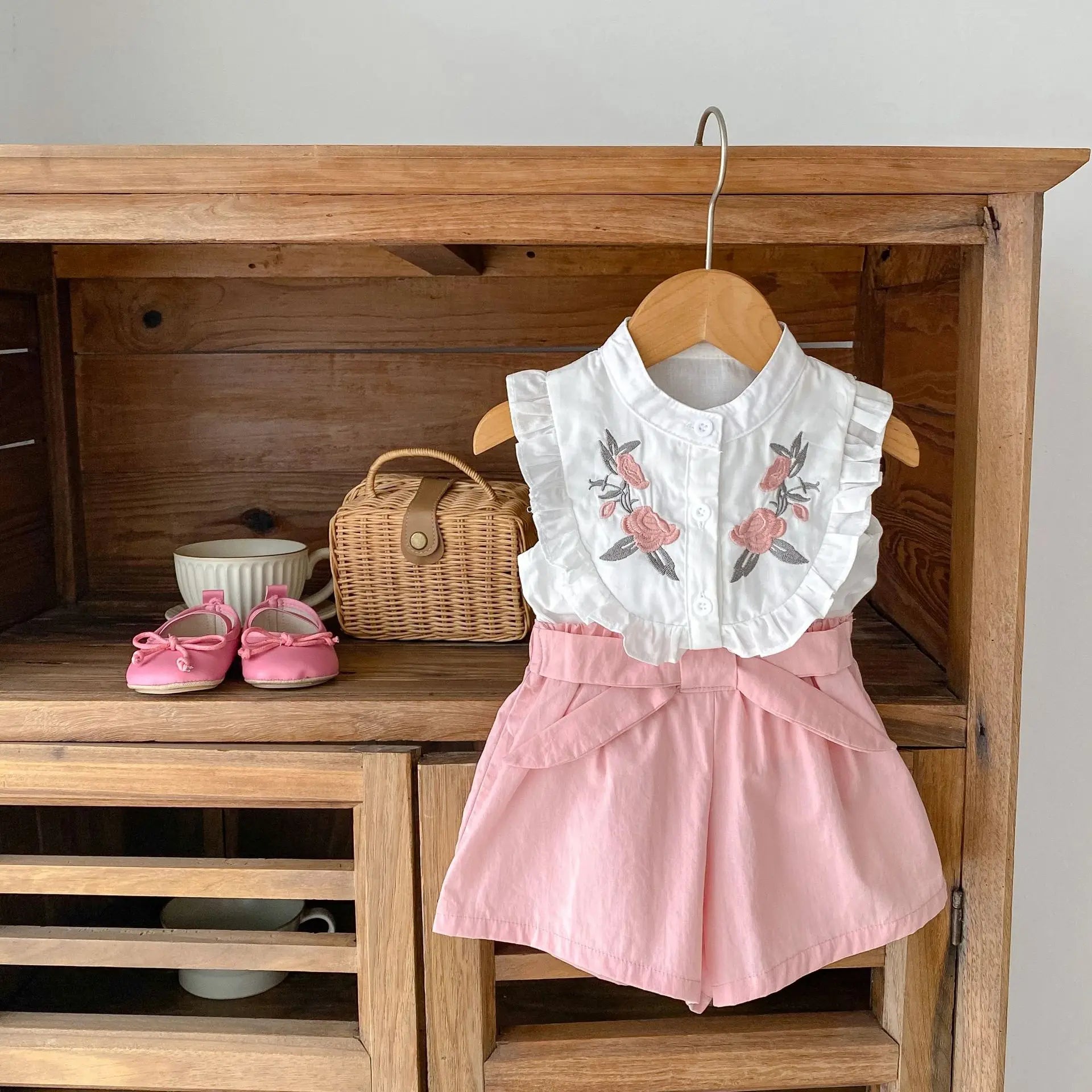 Girl Clothes Summer Floral Pattern Lapel Lace Trim Sleeveless Casual Children's Costume Cute Simple Girl Outfit