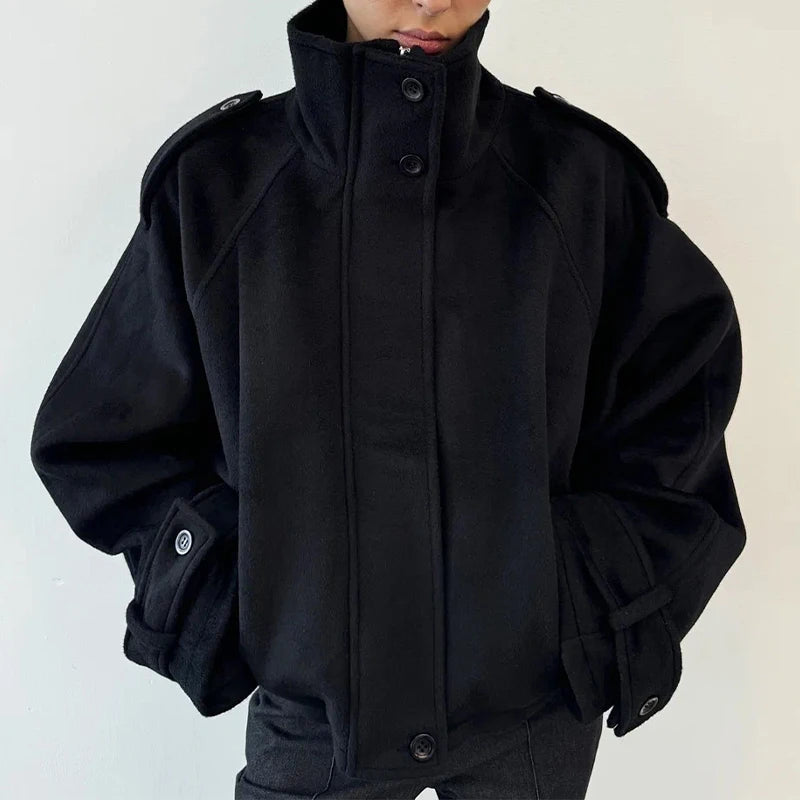 Stand Collar Women Spring Woolen Coats Single Breasted Loose Female Long Sleeve Jacket  Fashion Office Lady Street Short Coat
