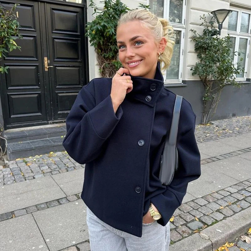 Stand Collar Women Spring Woolen Coats Single Breasted Loose Female Long Sleeve Jacket  Fashion Office Lady Street Short Coat