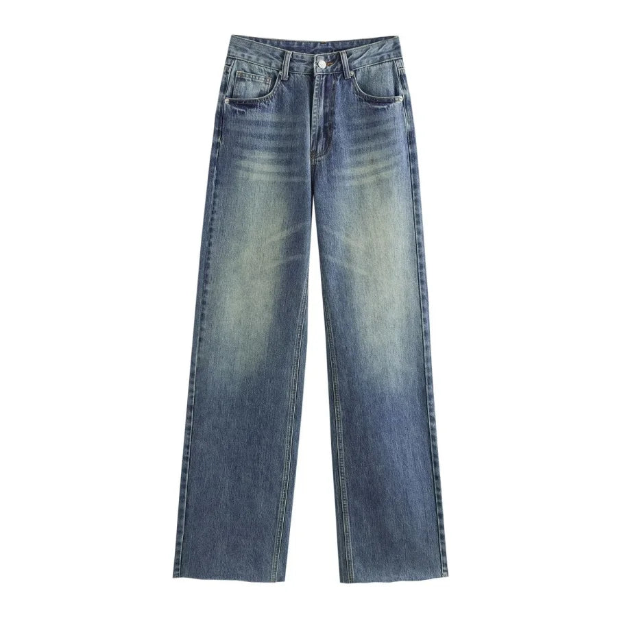 ETJ Wide-leg high-waisted jeans  women's classic everything with five pockets washed soft comfortable ultra-long jeans6045022