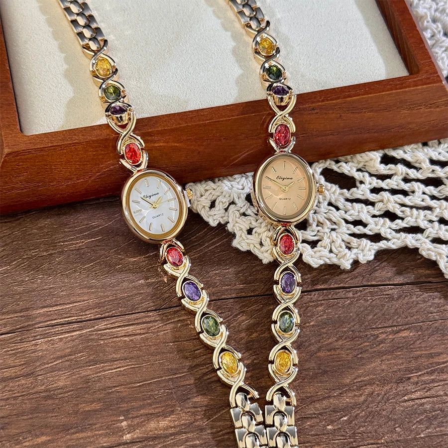 Elegant Lady's Retro round Color Gem Rainbow Quartz Watch with Chain Scale French Luxury Fashionable Ladies' Timepiece