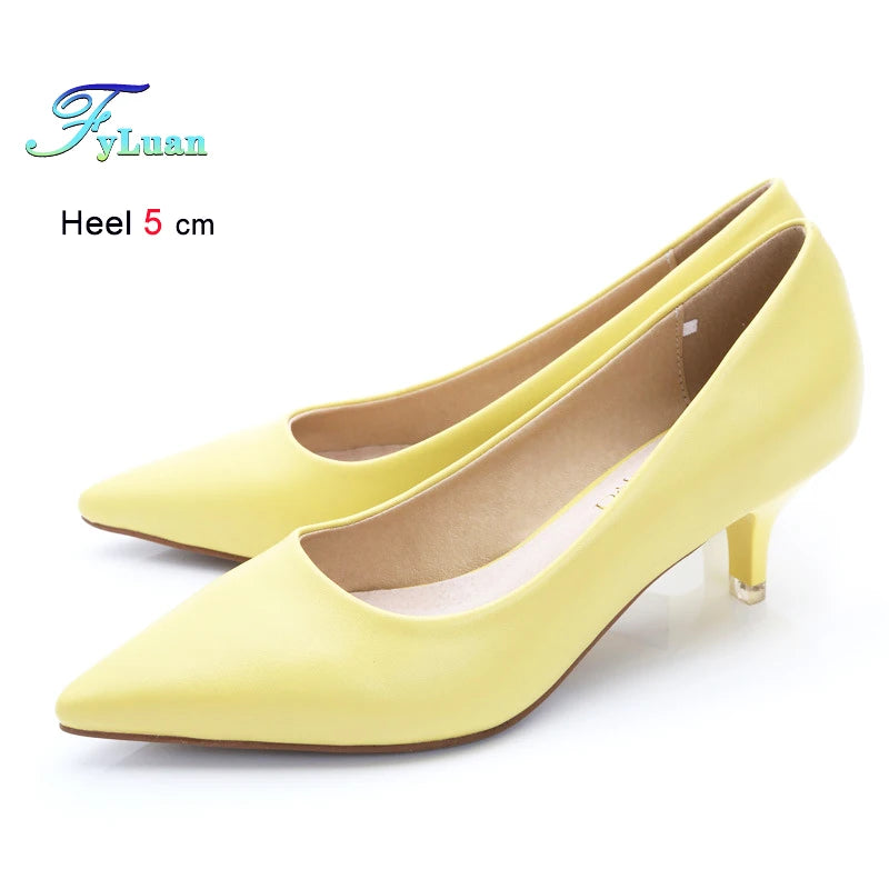 Black Med Heels 5cm Women Shoes Thin Heels Pointed Shallow Mouth Ladies Pumps Ten Colours Microfiber Stiletto Shiny Dating Shoes