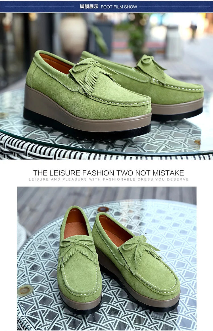 Fashon Green Suede Shoes of Women 2025 Spring Platform Leather Flats Slip on Sneakers Designer Tassel Fringe Loafer Moccasins