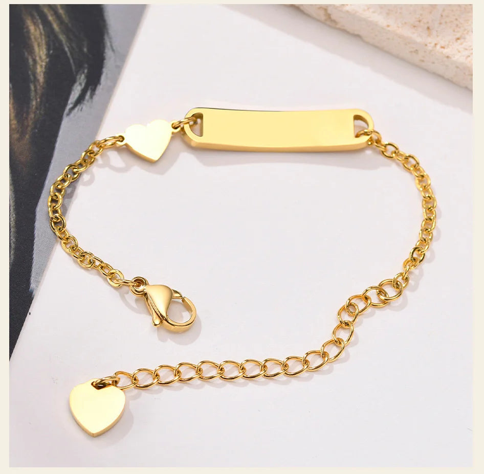 Customized Heart Bracelet for Little Girl Boy, Engravable ID Name Bracelet, Personalized Stainless Steel Chain Birthday Gift