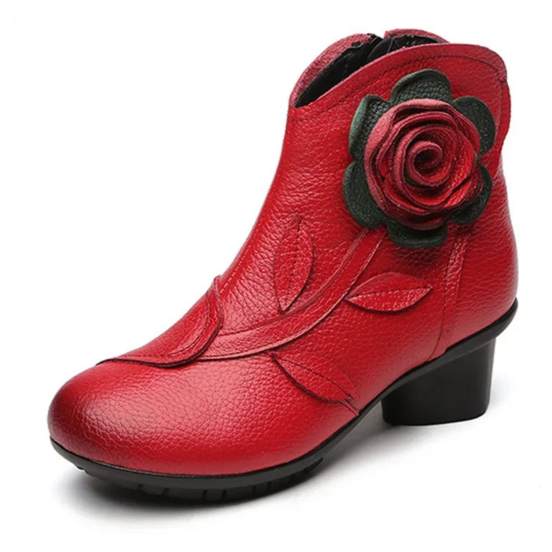 BEYARNE  Handmade Boots Flower Solid Color Womens Low Heel Genuine Leather Soft Short Boots Women Shoes Botas Mujer