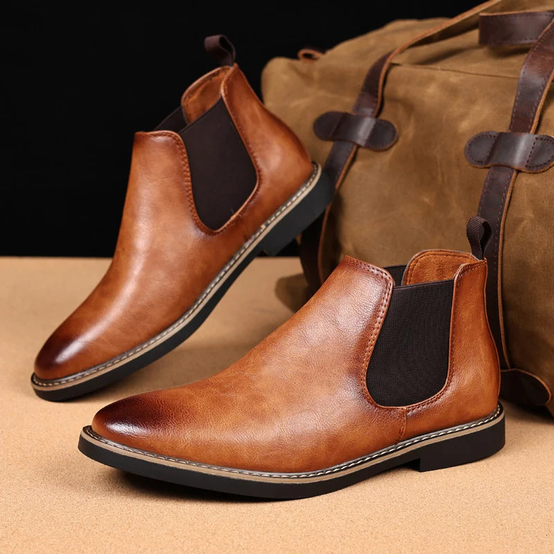 YRZL 39~47 Men Chelsea Boots Brand Retro Comfortable PU Leather Ankle Boots Men 2025 Fashion Black Brown Mens Boots