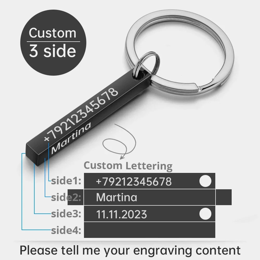 3D Bar Stainless Steel Personalize Keychains Engrave Text Name Date Logo Keyrings Customized Key Chain Rings Christmas Gift P039