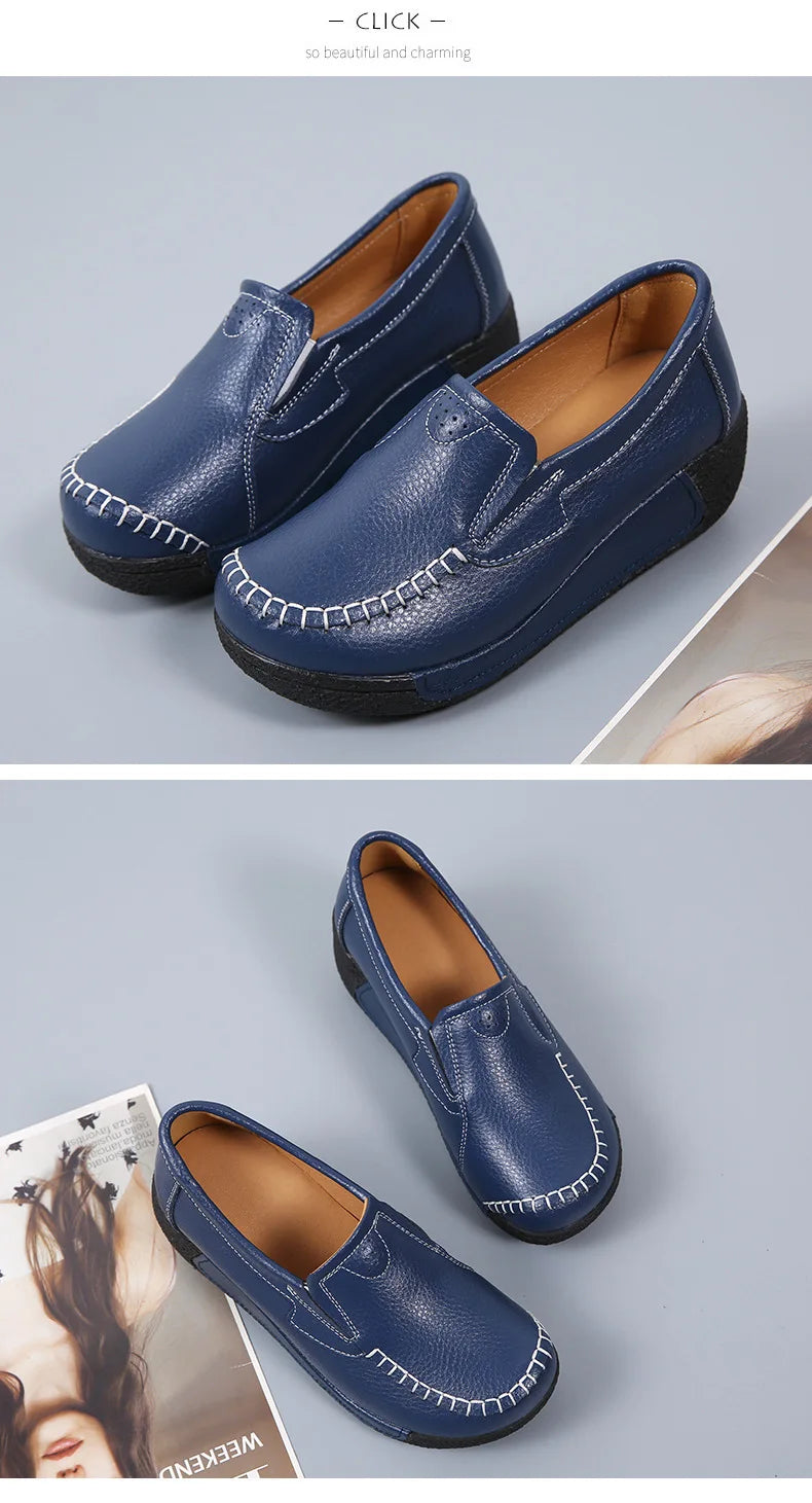 2022 Spring Autumn Women Flats Platform Loafers Ladies Genuine Leather Comfort Wedge Moccasins Orthopedic Slip On Casual Shoes