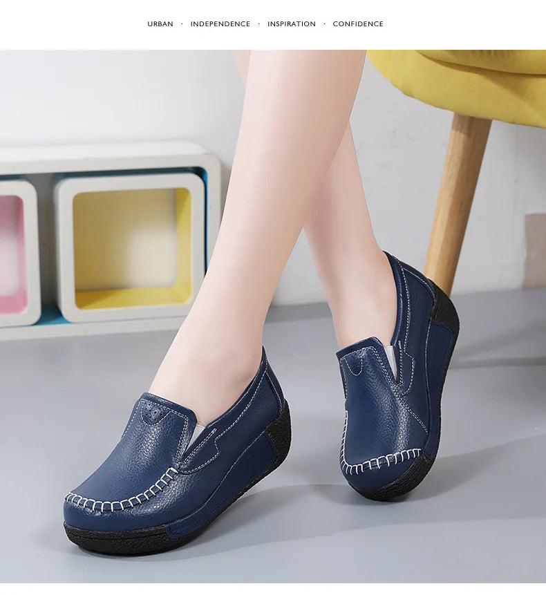 2022 Spring Autumn Women Flats Platform Loafers Ladies Genuine Leather Comfort Wedge Moccasins Orthopedic Slip On Casual Shoes