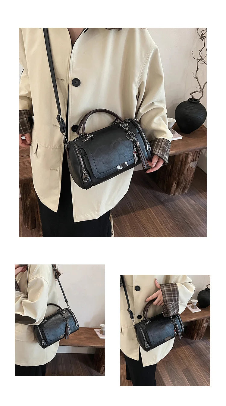 HOMEFISH Large Capacity Shoulder Bag for Women with Tassel Decoration Fashion Detachable Chain Boston Handbag Shoulder Bag