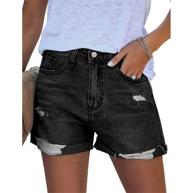2024 Fashion Folded Leg Denim Shorts Women Mid Waist Broken Holes Three Quarter Pants Summer Commuter Casual Mini Straight Jeans