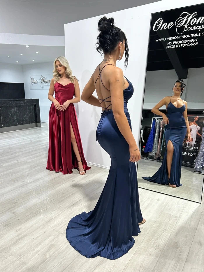 BABYONLINE Simple In Stock Soft Sliky Satin Bridesmaid Dresses Cowl Neck Tieing Thin Straps Leg Slit and Flowing A-line Dress