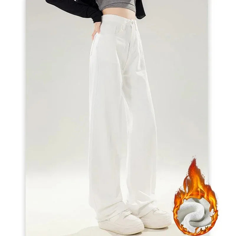Winter Korean Fleece Thermal Straight Women's Jeans Girls Snow Warm Casual High Waist Denim Pants Lady Daily Loose Leg Trousers