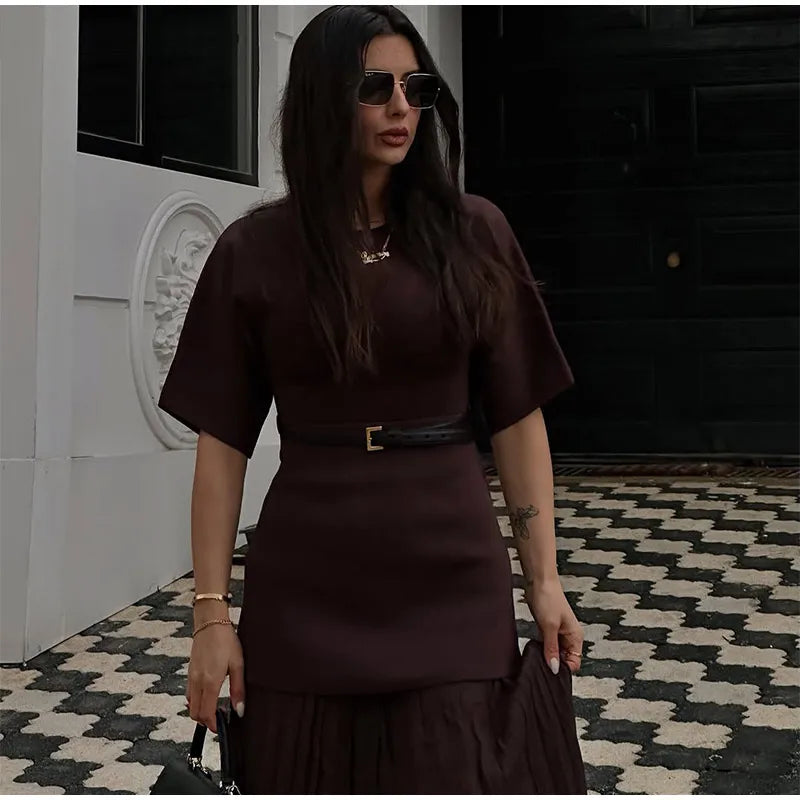 2025 Chic Splicing Brown Half Sleeve Maxi Dress Women's Casual Pleated A-line Slim Vestidos Female Office Commute Street Robes