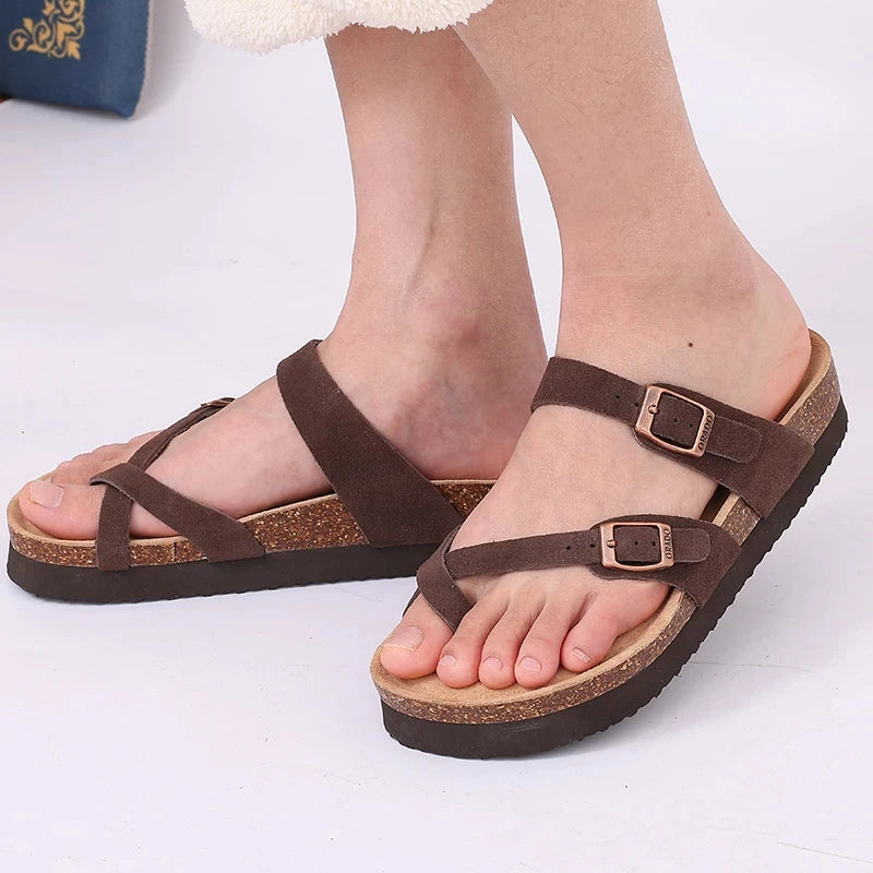Shevalues Women Sandals Fashion Casual Cork Slippers Comfort Flats Slides With Adjustable Buckle Female Thick Sole Home Shoes