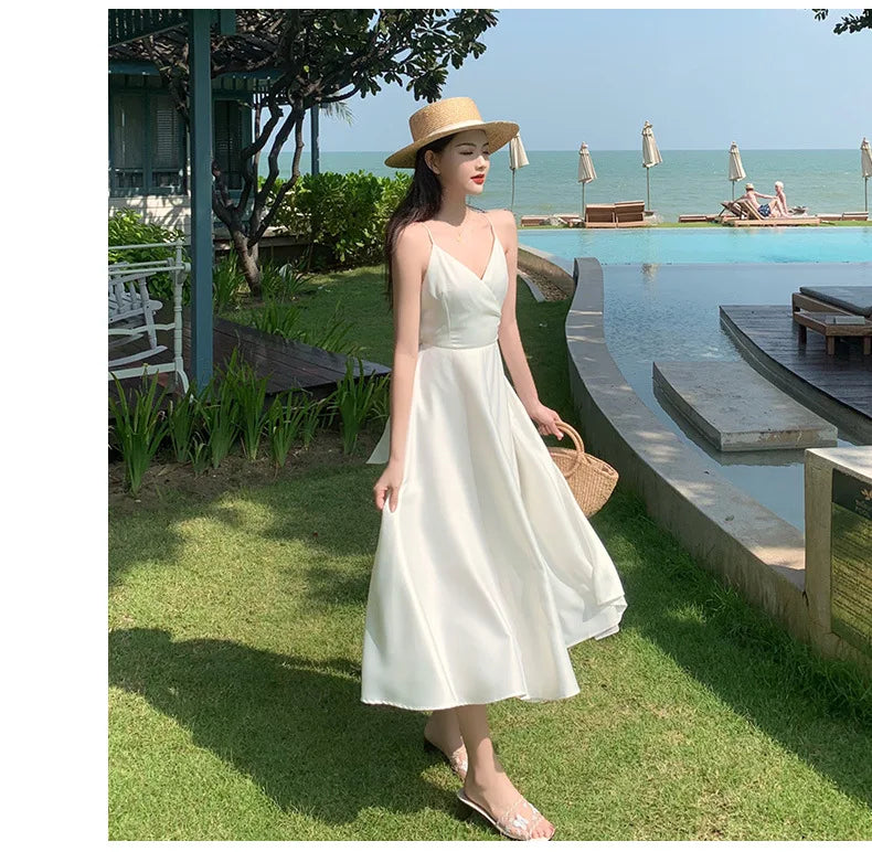 New ivory Caramel terracotta Auburn satin 120cm over knee spaghetti backless strap summer lady girl dress gown daily wear