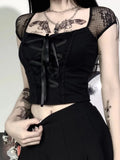 Women's Vintage Gothic T-shirt Bodycon Bandage Lace Black Mesh Top Sexy Casual Gothic Streetwear Female Top
