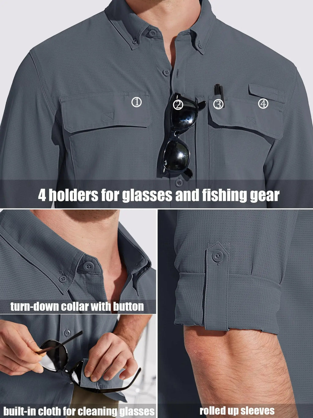 TACVASEN UPF 50+ Sun Protection Fishing Shirts Men's Quick Dry Long Sleeve Shirts Mesh Breathable Hiking Work Cargo Shirts