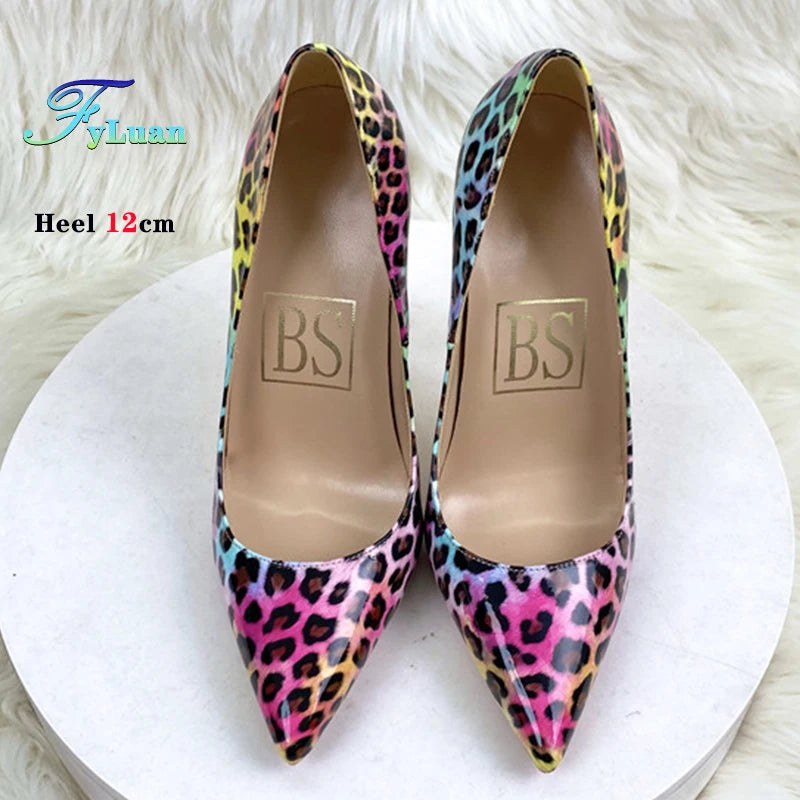 Fashion Leopard Print 8cm 10cm 12cm Pumps Women Pointed Toe Stiletto Sexy Celebrity Night Club Party High Heel Shoes Large Size