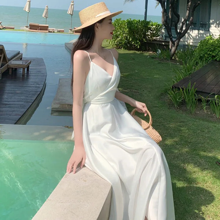 New ivory Caramel terracotta Auburn satin 120cm over knee spaghetti backless strap summer lady girl dress gown daily wear