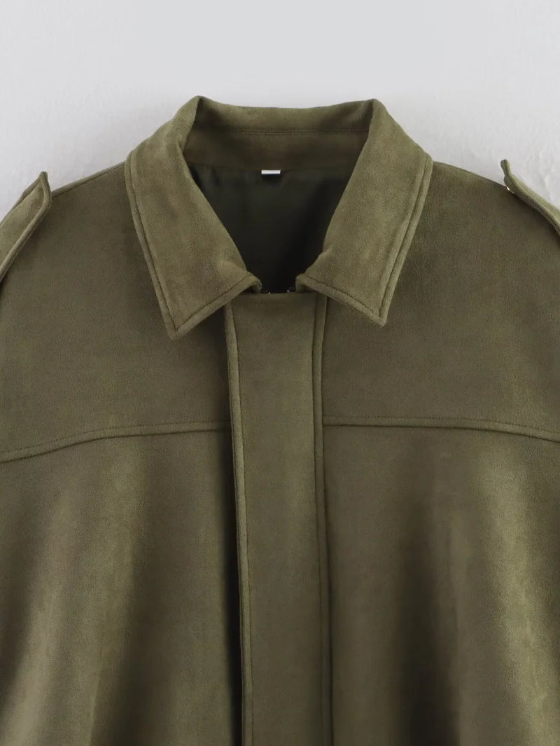 ETJ 2025  Spring new women's suede texture effect Loose version of fashion lapel shoulder bomber jacket