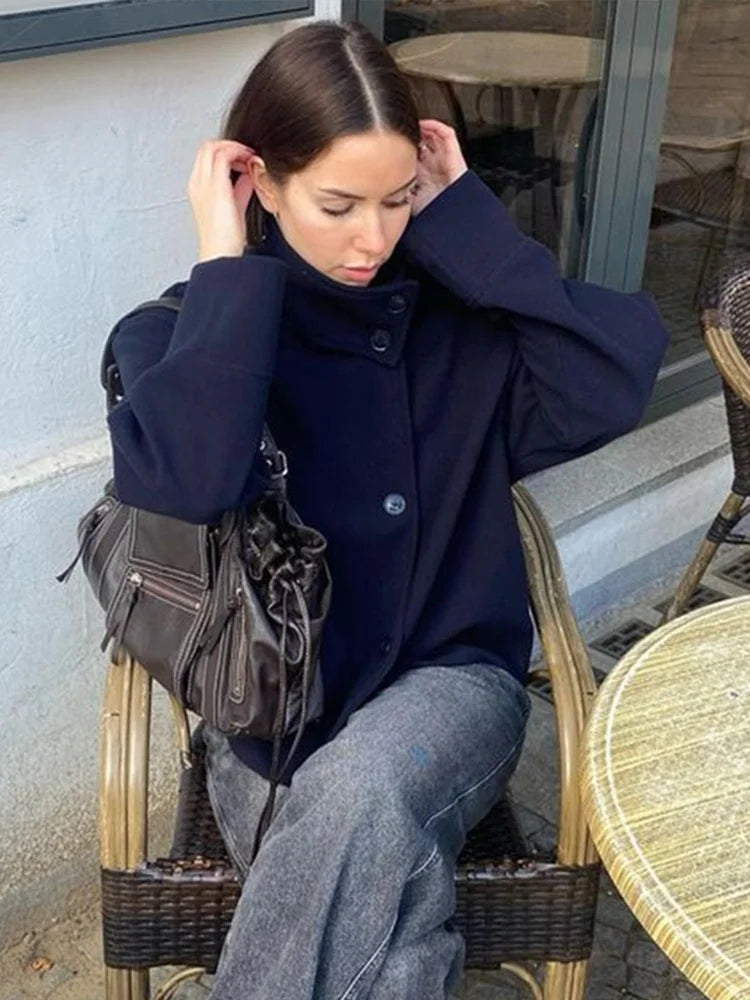Stand Collar Women Spring Woolen Coats Single Breasted Loose Female Long Sleeve Jacket  Fashion Office Lady Street Short Coat