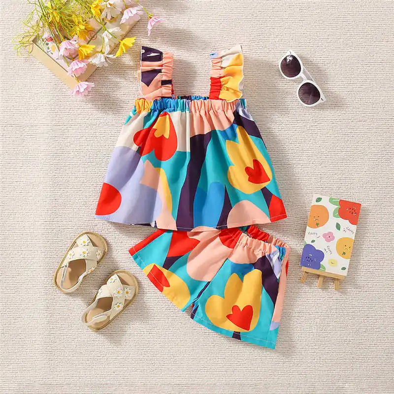 Summer Girls Set Two Piece Cute Graffiti Colored Small Flying Sleeves Top Shorts Two Piece Set