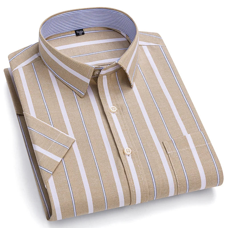 100% Pure Cotton Oxford Shirt For Men’s Short Sleeve Solid Stripe Leisure Embroidered Horse Social Business Formal Dress Shirts