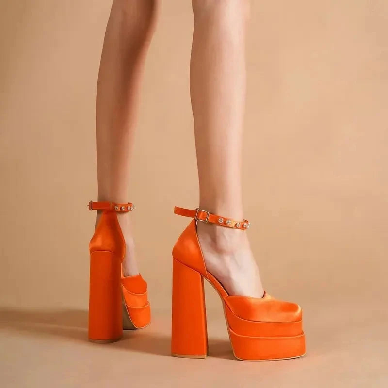 High Heels Women 2025 New Fashion Show 15cm Personality Super High Heel Waterproof Square Head Black Silk Runway Shoes