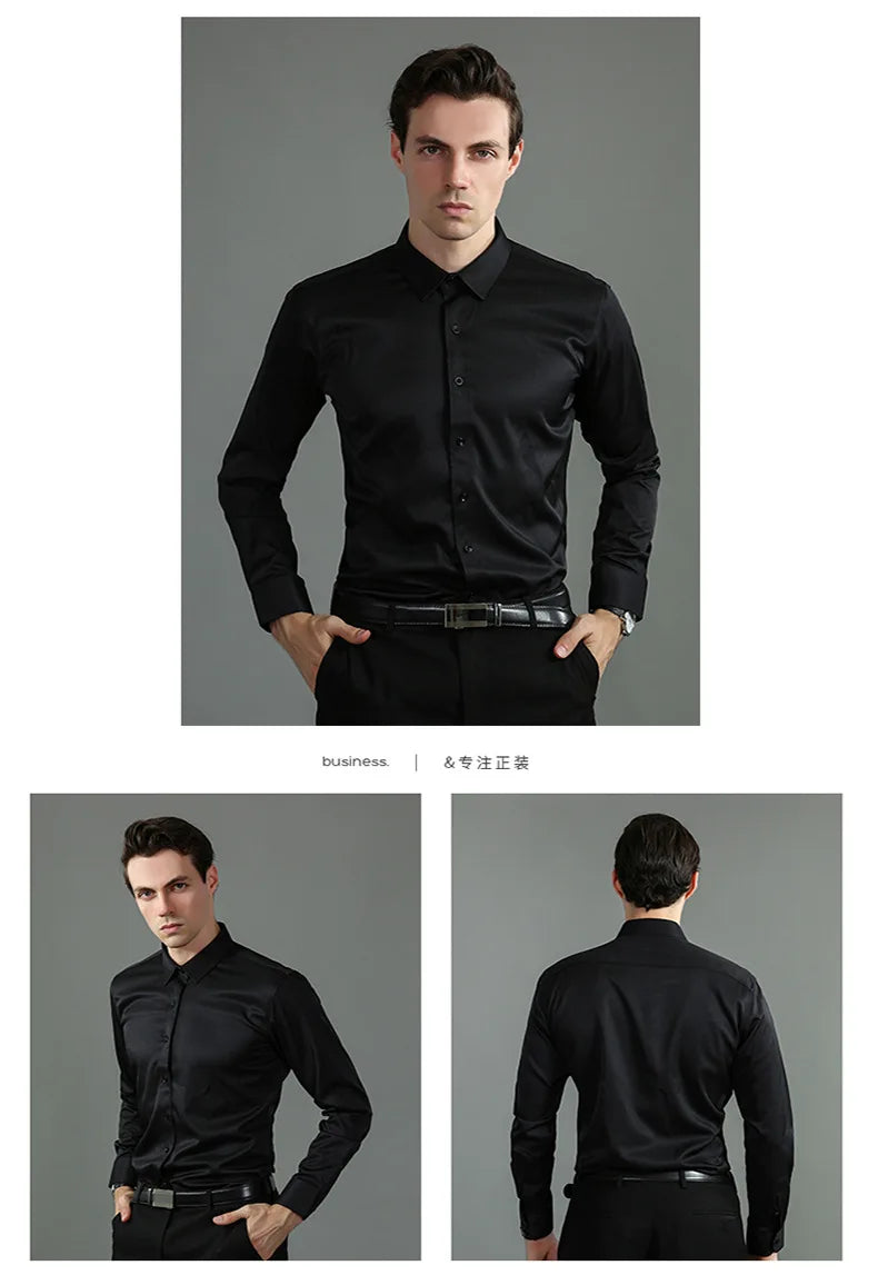 Micro elastic men's long sleeved shirt, silky and not easily wrinkled, high-quality men's shirt, plus size shirt