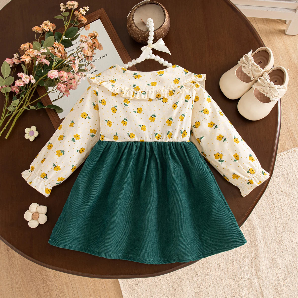 Girls Dresses Spring And Autumn Bow And Flower Pattern Long Sleeve Baby Girl Clothes Cute Birthday Celebration Kids' Dresses