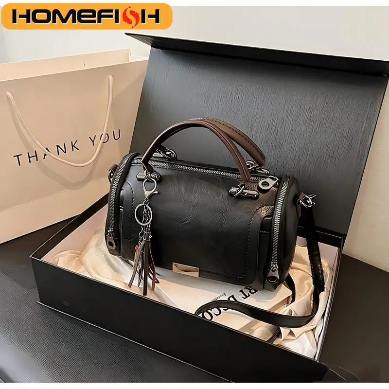 HOMEFISH Large Capacity Shoulder Bag for Women with Tassel Decoration Fashion Detachable Chain Boston Handbag Shoulder Bag