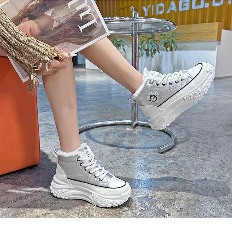 Women's Winter 2023 New Style Flat Boots Fleece Lined Thickened Warm Cotton Shoes High Top Little White Shoes Hx-q037