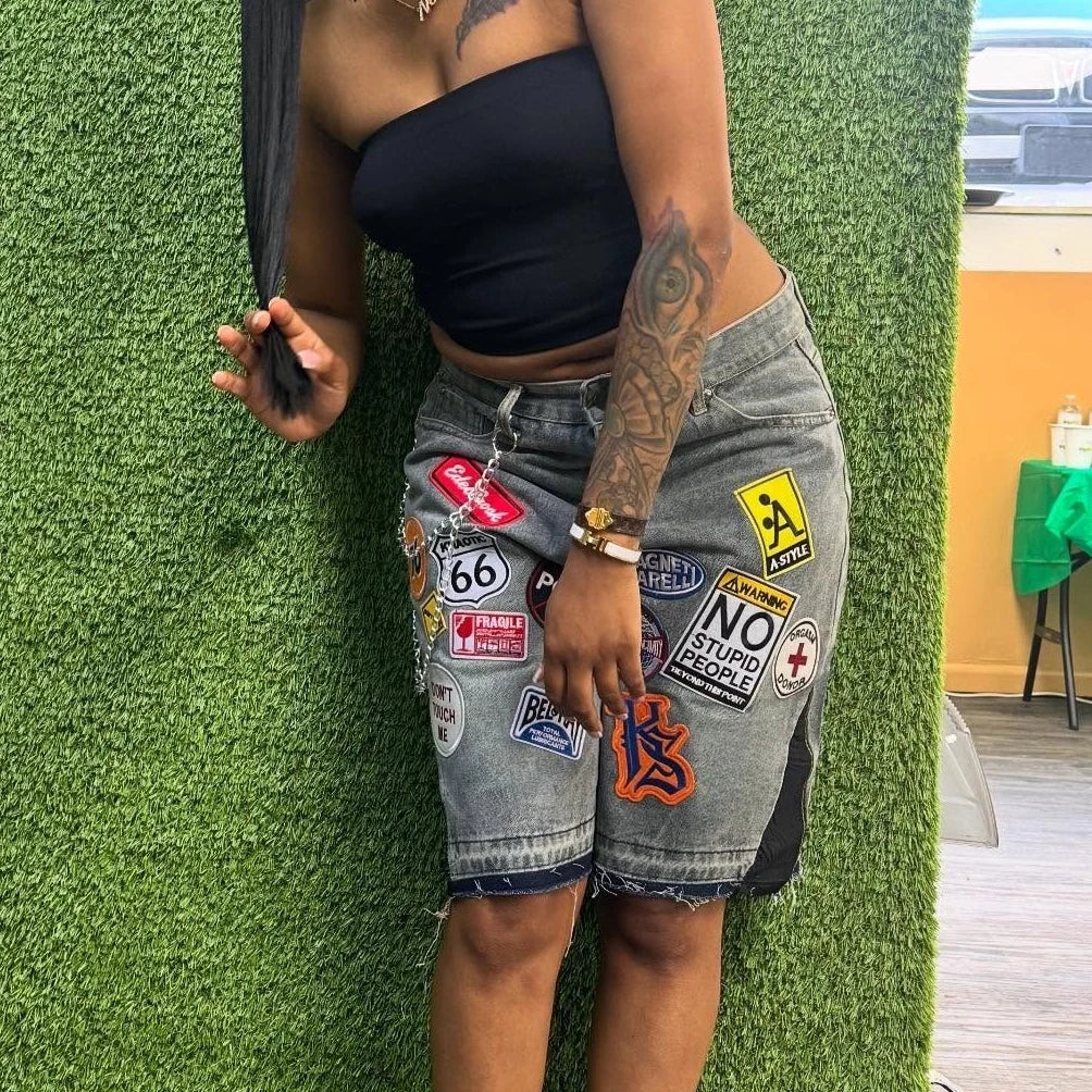 Harajuku Hip Hop Cartoon Denim Shorts Women Embroidery Patchwork Baggy Short American 2000s Y2k Jeans Low Waist Sports Shorts