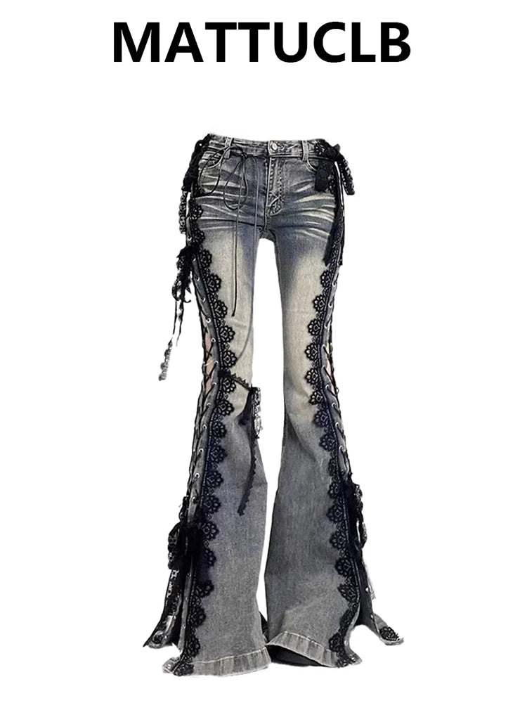 Women Dark Academia Goblin Core Harajuku Y2K Low Rise Lace Jeans Abi Denim Flare Pants Bell-Bottom Y2k Japanese Goth Gyaru Kpop