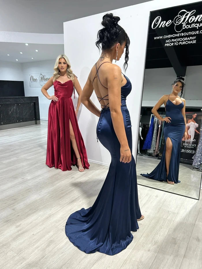 BABYONLINE Simple In Stock Soft Sliky Satin Bridesmaid Dresses Cowl Neck Tieing Thin Straps Leg Slit and Flowing A-line Dress