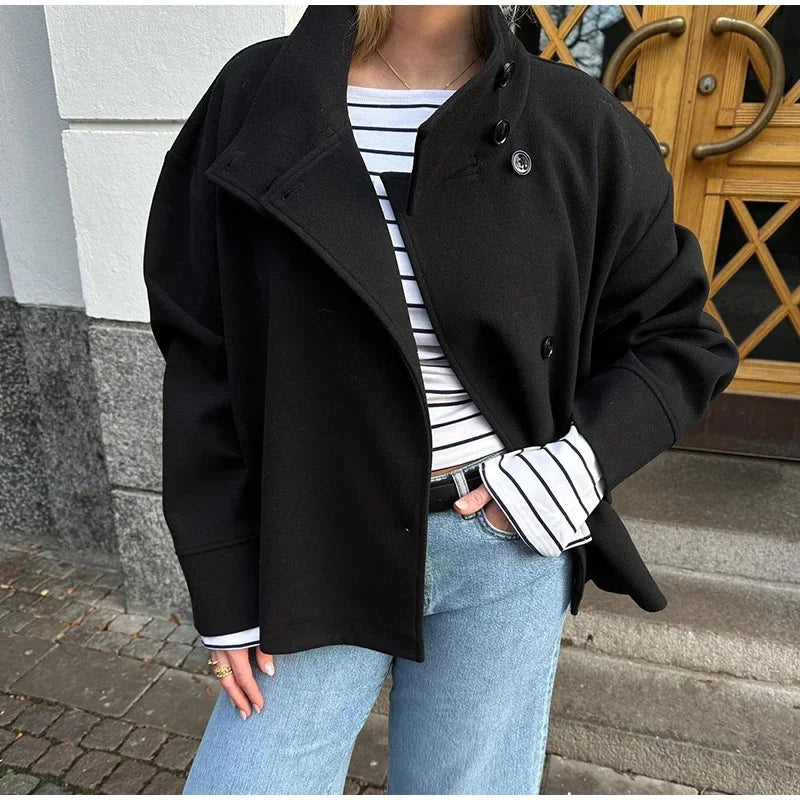 Stand Collar Women Spring Woolen Coats Single Breasted Loose Female Long Sleeve Jacket  Fashion Office Lady Street Short Coat