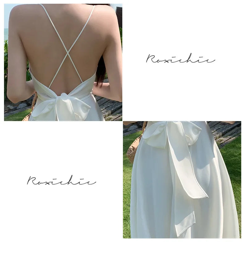 New ivory Caramel terracotta Auburn satin 120cm over knee spaghetti backless strap summer lady girl dress gown daily wear