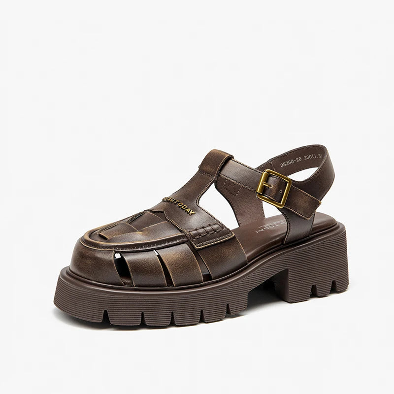BEAUTODAY Gladiator Platform Sandals Women Solid Buckle T-Strap Thick Sole Retro Rome Summer Beach Ladies Shoes Handmade 38260
