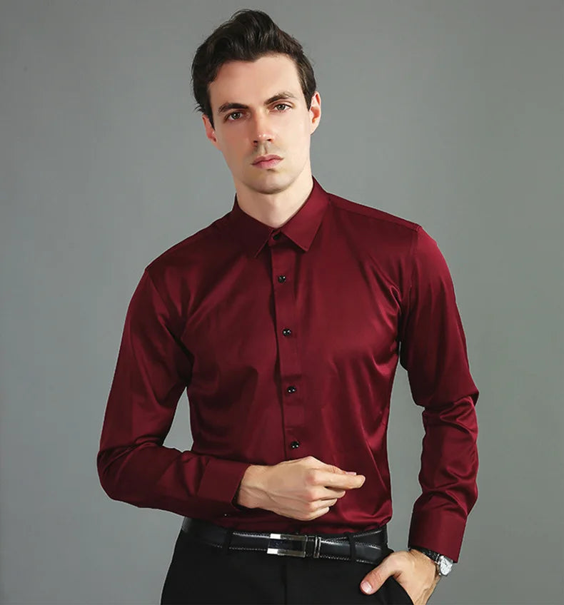 Micro elastic men's long sleeved shirt, silky and not easily wrinkled, high-quality men's shirt, plus size shirt