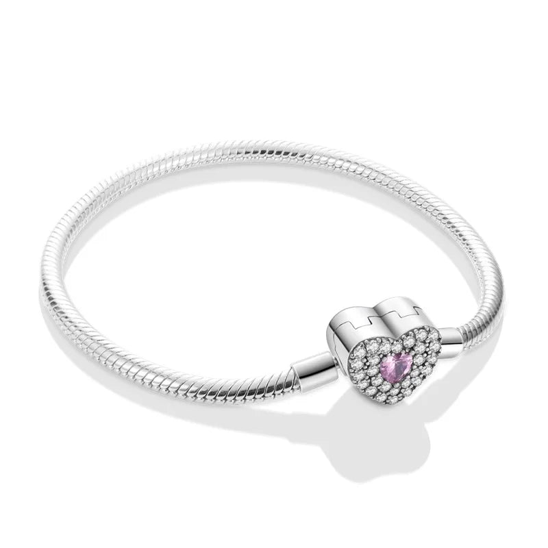 Fashion S925 Silver Plated Peach Heart Love Sparkling Zircon Bracelet For Women Fit DIY Charms Beads Fine DIY Birthday Jewelry