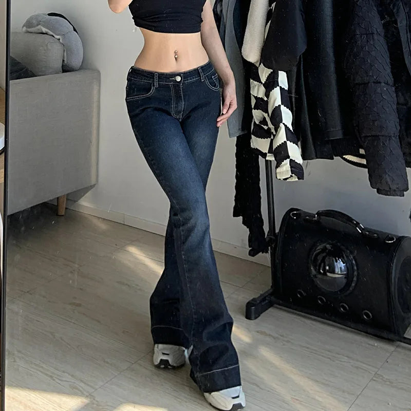 Kalevest Y2K High Street Low Rise Jeans Blue Women Pants Bootcut  Pockets Jeans Streetwear Low Waist Jeans Wide Leg Pants