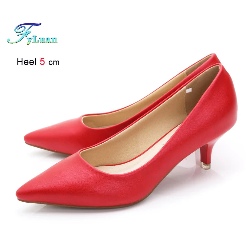 Black Med Heels 5cm Women Shoes Thin Heels Pointed Shallow Mouth Ladies Pumps Ten Colours Microfiber Stiletto Shiny Dating Shoes
